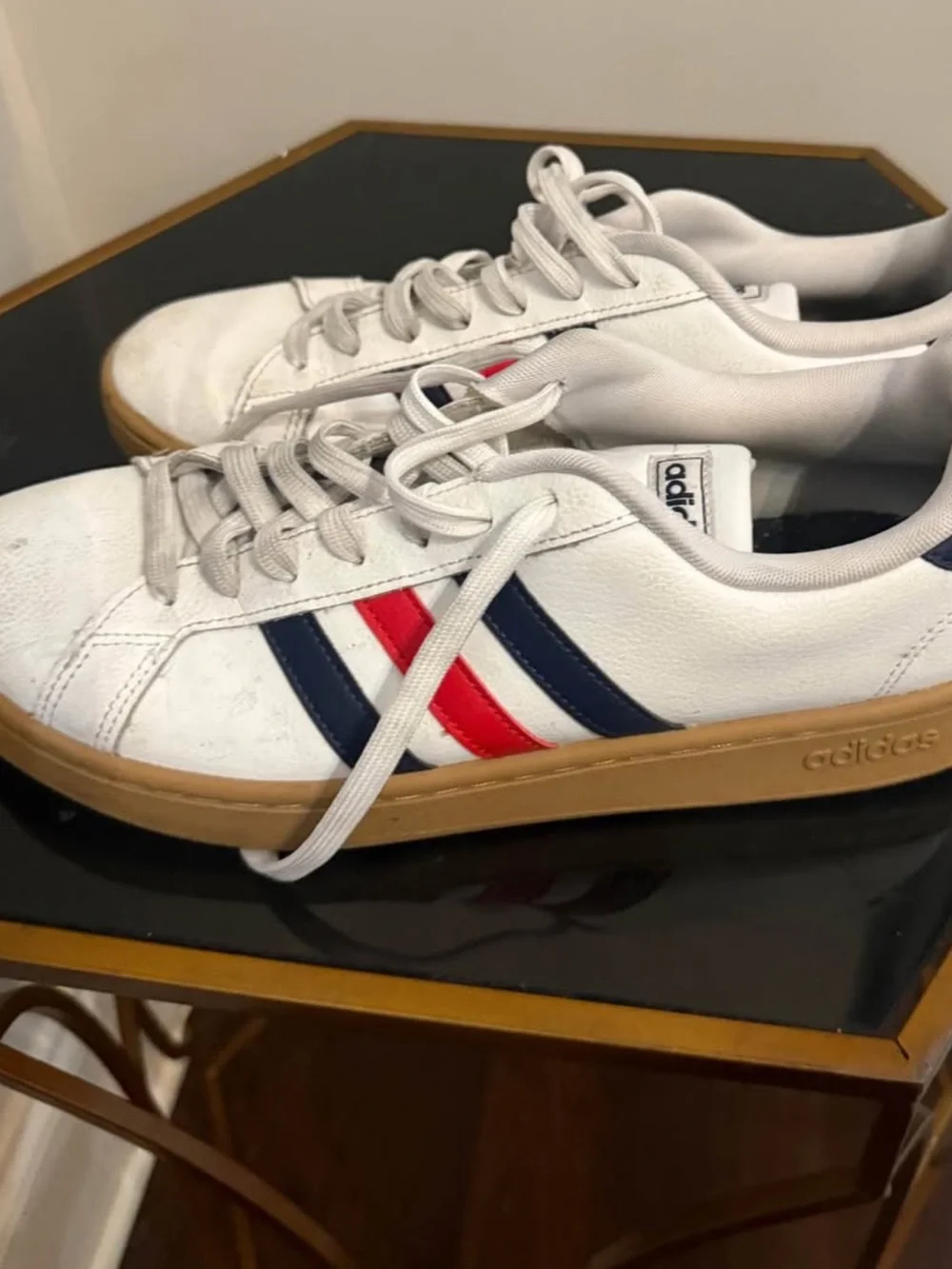 adidas White Low-Top Sneakers with Navy & Red Stripes